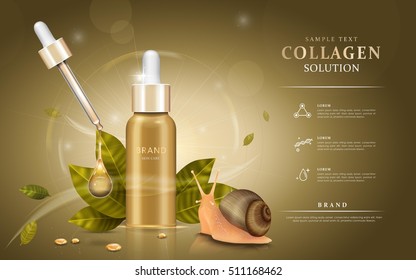 Snail extract cosmetic ads, droplet bottle with ingredients - snail and leaves. 3D illustration.