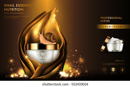 Snail extract cosmetic ads, natural essence in beautiful container covered in golden leaves isolated on brown background in 3d illustration