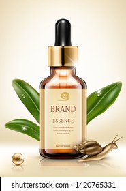 Snail extract cosmetic ads. Cosmetic packaging design. Vector illustration