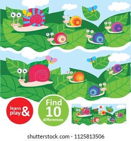 Snail family walking on leaves. Learn and play task for kids. Find ten differences. Concentration and attention training. Used in childrens educational games preschool books magazines. Vector isolated