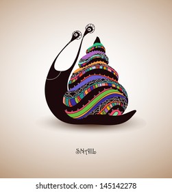 snail with fantastic patterns on the shell, bright colors, vector illustration