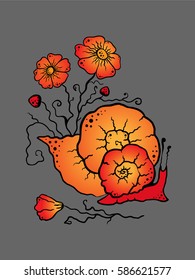 Snail with flowers on a gray background
