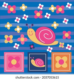 snail and flowers print with blue background