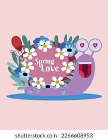 Caracol con flores y amor por la primavera del texto