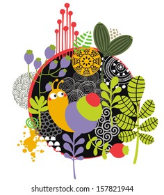 Snail and flowers. Vector illustration.