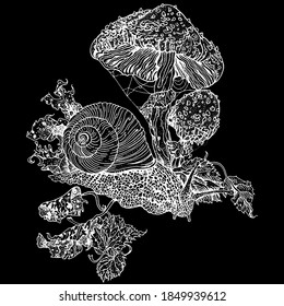 Schnecke und Fliege agaric. Handgezeichnete, detaillierte Farbstift-Illustration. T-Shirt-Druck, Tätowierungsdesign in weiß auf Schwarz. Giftige Amanita Muscaria Pilz, Herbstblätter.