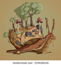 snail with a forest on the  shell