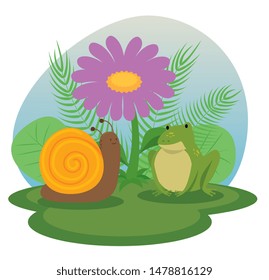 snail and frog animals with flower and branches leaves plants