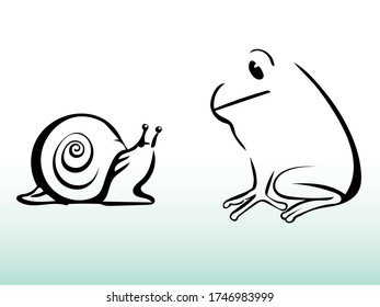 
Snail and frog. A simple line drawing. Hand drawn, vector.