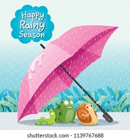 Snail, Frog And Worm Under Umbrella On Ground Together In The Rain, Monsoon, Rainy Day, Season, Raindrop, Animal, Natural, Soaked