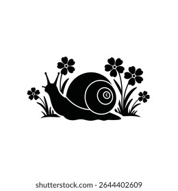 Snail in a garden of flowers black silhouette.