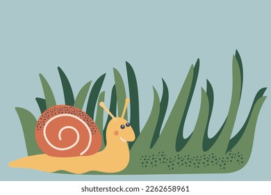 Snail, grass. Vector illustration of stylized plants and insects in cartoon style. Isolated on a blue background.