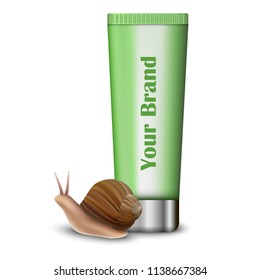 Snail hand cream mockup. Realistic illustration of snail hand cream vector mockup for web design isolated on white background