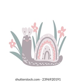 Snail hand drawn baby illustration. Cute slug on background of flowers and herbs. Kid character, isolated vector illustration