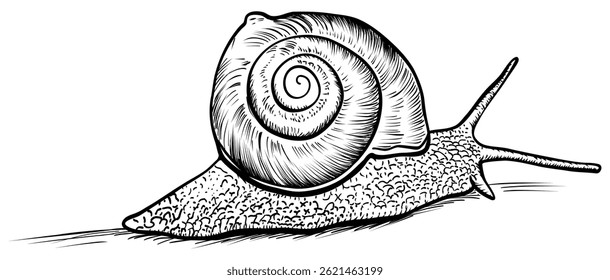 Snail, hand drawn, black and white sketch. Isolated on a white background. Illustration, vector. Engraving, tattoo