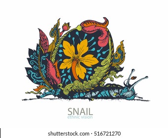 Snail. Hand-drawn snail with ethnic doodle pattern. Coloring page - zendala, for relaxation and meditation for adults, vector illustration, isolated on a white background. Zen doodle.