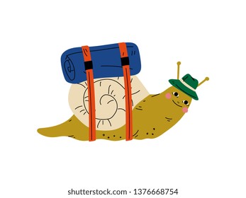Snail in Hat Travelling, Cute Gastropod Character Having Hiking Adventure Travel or Camping Trip Vector Illustration
