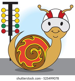 Snail with helmet and graphics on it's shell is getting ready for the race