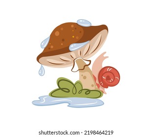 Snail hiding from rain under boletus mushroom cap. Cute funny snail crawling up forest mushroom. Forest mushroom with water droplets falling from cap cartoon vector
