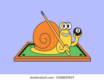 Snail holding a pool cue and an eight ball on a colorful billiard table cartoon illustration