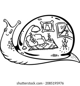 a snail with the house on his back with the insects inside
