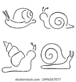 Schnecken-Symbolsatz, Pinselstriche auf weißem Hintergrund. Vektorgrafik.