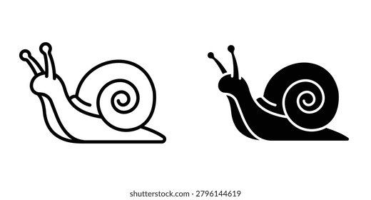 Snail icon set in outlined drawings with flat version.