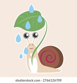 Snail icon. Sticker of a Snail sheltering from the rain under a leaf, flat design. Vector illustration.