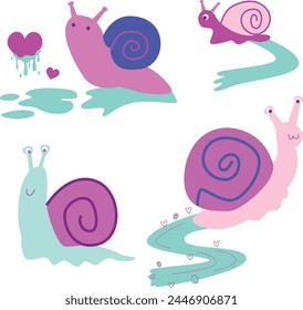 Snail Illustration Collection Snails Doodle Slime Slug Trail Love Melted Heart Slime Heart Art Drawing Hand Drawn Vector Set Colorful Children Graphics Nursery Baby Kids Greeting Card Outdoors Nature 