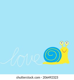 Snail  insect. Dash word Love. Card Flat design. Vector illustration