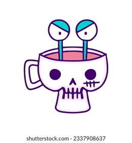 Snail inside a skull mug, illustration for t-shirt, sticker, or apparel merchandise. With doodle, retro, and cartoon style.