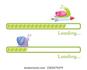 Snail internet connection speed. Slow and rocket fast download, loading bar with funny cartoon snails vector illustration. Installing programs on devices, crawling and flying characters comparison