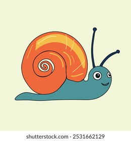 Caracol aislado en un fondo beige hecho en un diseño de Vector plano con una concha brillante y el cuerpo en tonos verdes. Lindo personaje de dibujos animados. Estilo infantil.