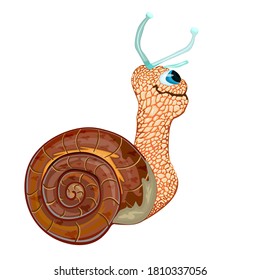 Snail isolated on white background. Happy cute character cartoon snail with his home shell body. Cheerful little garden snail side view. Stock vector illustration