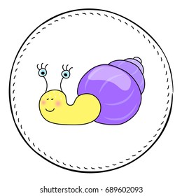 Snail isolated on white background. Funny snail cartoon vector illustration. Shell animal handdrawn patch. Aquarium inhabitant drawing. Tropical snail animal clipart. Mollusk in shell. Fauna character