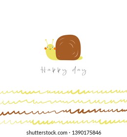 Snail for kids. Happy day card, postcard, poster with funny doodle animal, abstract elements, text space.