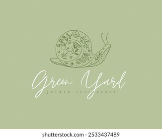 Snail label design lettering green yard garden restaurant drawing in floral style on green background