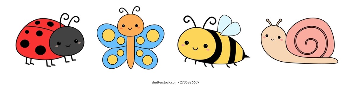 Snail, lady bug ladybird butterfly bee bumblebee insect contour icon set line. Ladybug. Cute cartoon kawaii funny baby character. Sticker print. Childish style. Flat design. White background. Vector