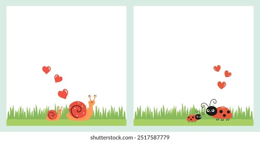 Caracol, mariquita, hierba verde y corazón rojo aislados en el Vector de fondo blanco.