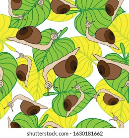 Snail and leaves on white background. Vector illustration. Seamless pattern.