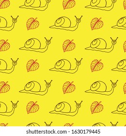 Snail and leaves on yellow background. Vector illustration. Seamless pattern.