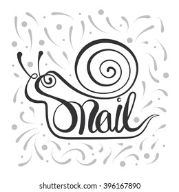 snail lettering text isolated calligraphic curly style in shape. Inscription for prints, posters, cards, invitations. Hand drawn vector illustration, web design element, black on white 