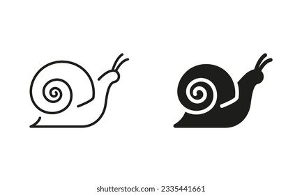 Snail Line and Silhouette Icon Set. Slug in Shell Crawl Pictogram. Helix Slow, Cute Escargot Moving. Slimy Eatable Spiral Mollusk Symbol Collection. Wildlife Concept. Isolated Vector Illustration.