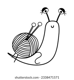 Snail logo with a ball of yarn and knitting needles. Monochrome vector illustration in doodle style. Hand-drawn linear art on a white background. The concept of hobbies, needlework, relaxing holidays.