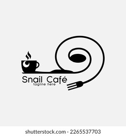 Snail logo design with spoon, fork, knife and cup of hot coffee.. Can be used for identity logos for cafe, bar, restaurant, catering, bakery logos.