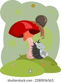 snail look at the hedgehog that sleeps under the mushroom