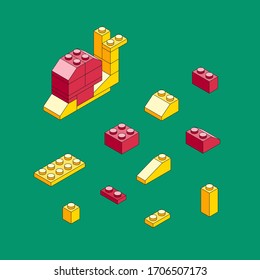 Snail made of blocks. Isometric constructor. Blocks and elements to create funny figures. Flat design.