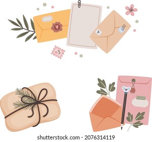 Snail mail concept. Set of envelopes, paper, letters, pencil and package. Vector illustration.