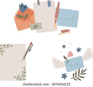 Snail mail concept. Set of envelopes, paper, letters and pens. Vector illustration.