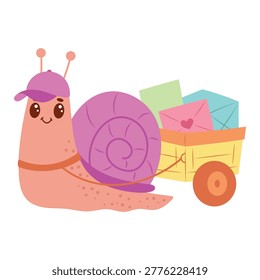 Snail Mail Delivery Vector, Cute Cartoon Snail Pulling Cart with Envelopes